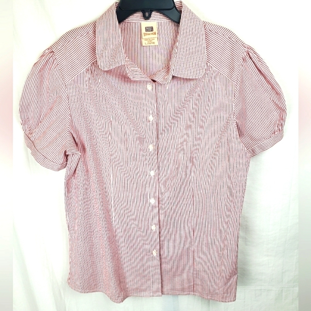 Faded Glory Red And White Striped Short Sleeve Shirt Sz L